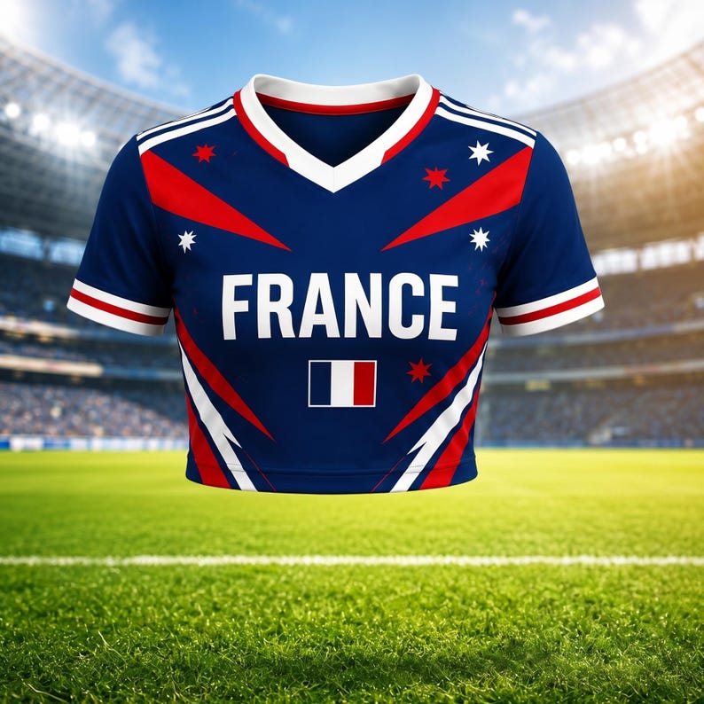 May include: A navy blue crop top with the word "FRANCE" in white block letters. The top features red and white accents, a V-neck collar, and the French flag. The background shows a stadium with a green field.