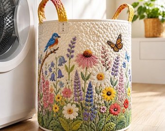 Spring Wildflower Quilted Laundry Basket, Botanical Floral Storage Bin, Bluebird Hamper, Cottagecore Decor, Gift for Grandma