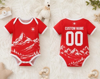 Personalized Swiss Baby Romper, Switzerland Mountain Infant Bodysuit, Custom Name Red Jersey Onesie, Switzerland Souvenir