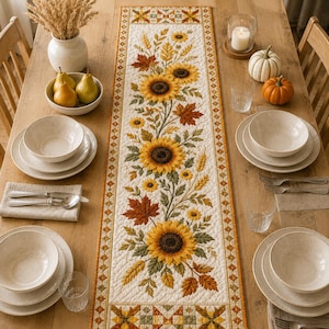 Könnte beinhalten: Ein rechteckiger, gesteppter Tischläufer mit einem zentralen Muster aus Sonnenblumen, Weizenähren und Herbstblättern in Gelb-, Orange- und Brauntönen, umrandet von einem geometrischen Rautenmuster auf cremefarbenem Grund, mittig auf einem Holztisch.