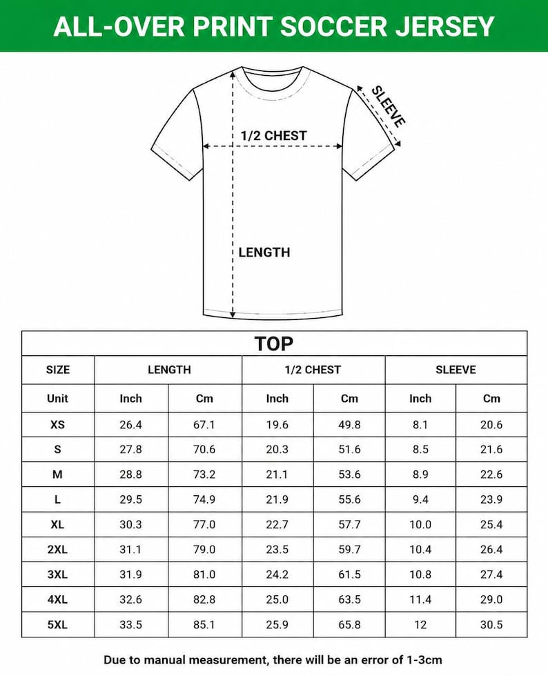May include: Diagram of an all-over print soccer jersey with measurements in inches and centimeters. The diagram shows the length, half chest, and sleeve measurements for sizes XS to 5XL. The text at the top reads "ALL-OVER PRINT SOCCER JERSEY."