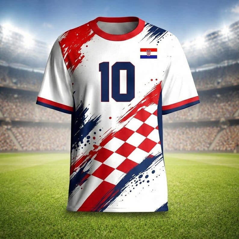 May include: White soccer jersey with red and blue paint strokes and a Croatian flag. The number 10 is printed in navy blue. The jersey has a red collar and sleeve trim. The background shows a soccer field and stadium.