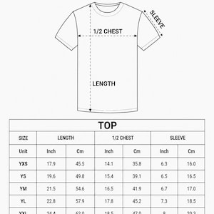 May include: White youth soccer jersey with size chart. The chart provides measurements in inches and centimeters for length, half chest, and sleeve for sizes YXS to YXL. The text "ALL-OVER PRINT YOUTH SOCCER JERSEY" is at the top.