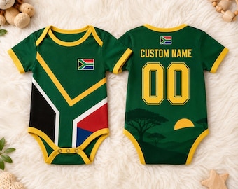 Body personalizado para bebé de Sudáfrica, body de fútbol con nombre personalizado, conjunto para bebé sudafricano, regalo de fútbol para bebé