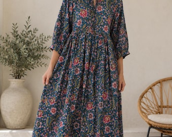 Boho Cottagecore Dress : Bagru Cotton Loose Fit Casual Midi Maxi Gown