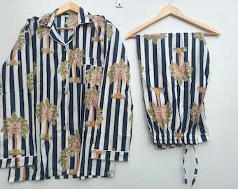Block Light Weight Cotton Tropical Palm Tree Striped Bridesmaid Pajama Set