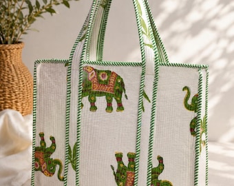 Elephant Hand Block Print Quilted Tote Bag : Gift For Her