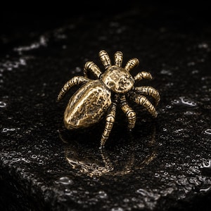 May include: A metallic gold-toned spider figurine with a textured, pitted surface finish. The arachnid features a rounded abdomen, a distinct cephalothorax, and eight segmented legs extending outward, creating a detailed and realistic insect form.