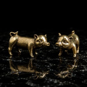 Könnte beinhalten: Zwei kleine, goldfarbene Schweinefiguren aus Metall, die nebeneinander stehen. Jedes Schwein weist detaillierte Gesichtszüge auf, darunter spitze Ohren, eine Schnauze und einen geringelten Schwanz. Die Oberfläche ist poliert und reflektierend.