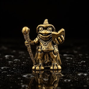 Vintage Brass Wizard Frog Figurine with Healing Energy, Hand Cast Mini Copper Magician Statue, Whimsical Desk Decor & Fantasy Gift