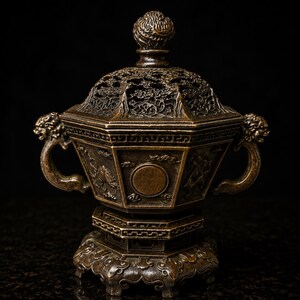 May include: A hexagonal bronze incense burner featuring intricate relief carvings of clouds and circular motifs. The lid has an openwork floral design topped with a spherical finial, and the body includes two side handles shaped like animal heads.