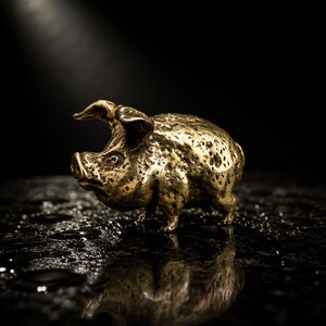 May include: A small, metallic gold-toned pig figurine with a textured, pitted surface. The pig is depicted in a standing position, facing left, with its ears perked up. The sculpture has a reflective, weathered appearance and a distinct snout.