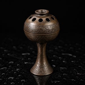 May include: A dark bronze-toned metal incense burner featuring a spherical top with a series of circular openings and a narrow, flared pedestal base. The surface is decorated with intricate, repeating geometric patterns etched into the metal.