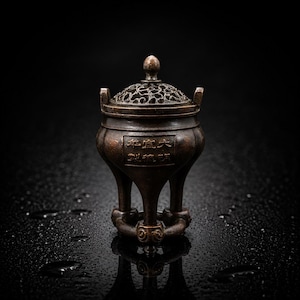 May include: A dark bronze incense burner featuring three legs, a rounded body, and a removable lid with an intricate openwork pattern. The front of the vessel displays a rectangular panel with embossed Chinese characters, and two small handles.