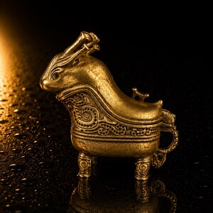 May include: A gold-colored metal figurine shaped like a stylized animal with elongated ears, a curved back, and a textured body featuring intricate swirling patterns. The object stands on four short legs and includes a small handle on the rear side.