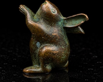 Vintage Patina Copper Rabbit Mini Figurine, Handcrafted Gentle Zen Decor with Healing Energy