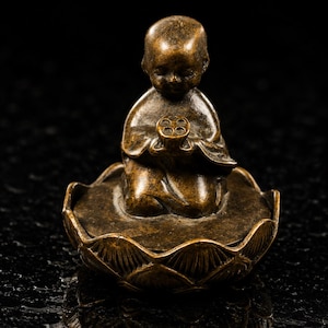 Vintage Copper Lotus Monk Incense Censer, Handcrafted Child Monk Zen Burner with Gentle Purifying Healing Energy