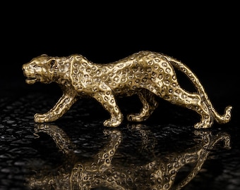Vintage Brass Walking Spotted Leopard Figurine, Handcrafted Ambition Confidence Zen Desk Sculpture with Empowering Healing Energy
