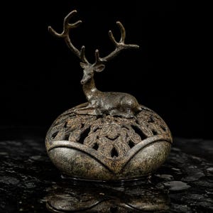 May include: A dark bronze-toned metal incense burner featuring a sculpted, reclining deer with prominent antlers resting atop a rounded, dome-shaped lid. The lid is decorated with an intricate, openwork filigree pattern of swirling floral motifs.
