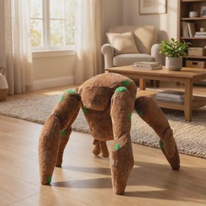 May include: A plush toy shaped like a four-legged rock creature with a brown, textured surface resembling stone and small, bright green patches scattered across its body. The creature has a rounded central body and four thick, jointed limbs.