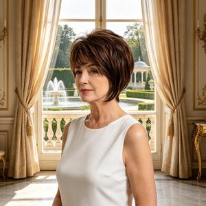 Può includere: Una persona con capelli corti, castani scuri e scalati, acconciati in un caschetto con frangia, che indossa un top bianco senza maniche. L'individuo è posizionato davanti a una grande finestra con tende beige, guardando di lato con espressione neutra.