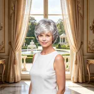 May include: A short, layered silver-grey wig with soft, voluminous curls and a side-swept fringe. The hair features natural-looking highlights and lowlights, creating a multi-dimensional appearance with a smooth, polished texture and a rounded shape.