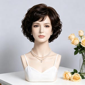 Puede incluir: Una cabeza de maniquí con una peluca corta, ondulada y de color marrón oscuro con flequillo lateral. El maniquí luce un collar de perlas de dos hilos con un pequeño colgante y una camiseta blanca. Los rasgos faciales son neutros.
