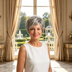 May include: A short, layered, silver-grey wig with soft, textured waves and a side-swept fringe. The hair is styled in a voluminous, cropped cut that frames the face, featuring natural-looking highlights and lowlights throughout the strands.