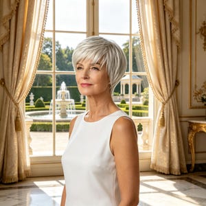May include: A short, layered silver-white wig with a side-swept fringe and a smooth, rounded silhouette. The hair features natural-looking highlights and lowlights, creating depth and texture throughout the style, framing the face with soft layers.