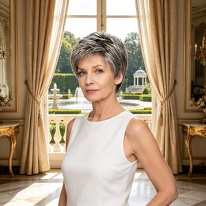 May include: A short, layered, salt-and-pepper gray wig with a textured, piecey finish and a soft, natural-looking side-swept fringe. The hair is styled in a cropped cut that frames the face, featuring a blend of dark and light gray tones.