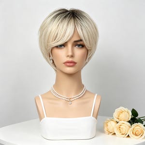 Customized labels,8 Inch Rooted Ombre Platinum Blonde Pixie Bob Wig with Side Bangs, Heat Resistant Ironable Synthetic Hair, Adjustable cap