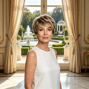 Customized labels,Mixed Blonde Short Pixie Wig with Bangs, Synthetic Heat Resistant Wig for Mature Women, Natural Daily Wear