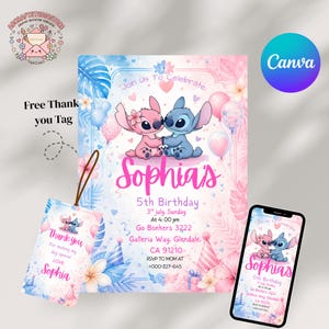 Peut inclure: Un modèle d'invitation d'anniversaire avec des personnages bleus et roses, des ballons et des fleurs tropicales. Le texte indique : Join Us To Celebrate, Sophia's 5th Birthday, 3rd July, Sunday, at 4:00 pm, Go Bonkers 3222 Galleria Way, Glendale, CA 91210, RSVP TO MOM AT +000-227-645.