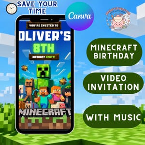 MineCraffterr Boys Video Birthday,Pixel Block Birthday Party Invitation Template, Gamer Invitation, High Quality Canva TemplateInvite, video
