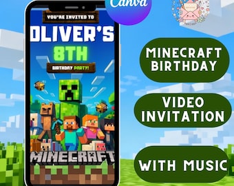 MineCraffterr Boys Video Birthday,Pixel Block Birthday Party Invitation Template, Gamer Invitation, High Quality Canva TemplateInvite, video
