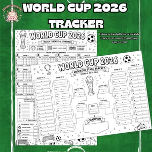 Könnte beinhalten: Ein schwarz-weißer World Cup 2026 Tracker und K.o.-Phasen-Plan zum Ausdrucken. Die Blätter enthalten Tabellen, Spielverfolgungsfelder, eine Pokalabbildung, Fußbälle und einen Fußballschuh. Der Text lautet World Cup 2026.
