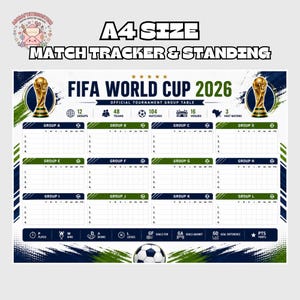 May include: An A4 size FIFA World Cup 2026 match tracker and standing sheet. The document features a white background with blue and green accents, displaying 12 group tables, tournament statistics, and two gold trophy illustrations at the top.