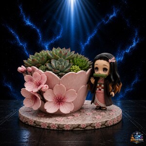 Nezuko Sakura Succulent Planter STL | Anime Desk Decor 3D Print | Kawaii Cherry Blossom Pot | Demon Slayer Inspired Cute Office Plant Holder