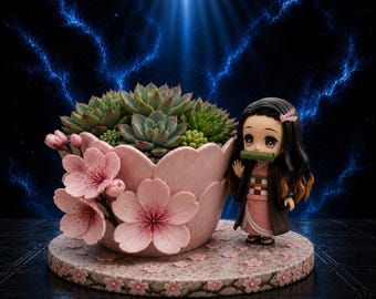 Nezuko Sakura Sukkulenten Pflanzer STL | Schreibtisch Dekor 3D Druck | Kawaii Kirschblüten Topf | Dämonentöter inspiriert niedlicher Büropflanzenhalter