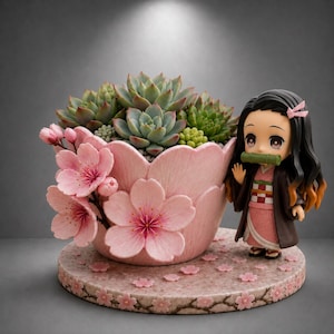 Nezuko Sakura Sukkulenten Pflanzer STL | Schreibtisch Dekor 3D Druck | Kawaii Kirschblüten Topf | Dämonentöter inspiriert niedlicher Büropflanzenhalter