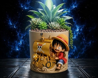 One Piece Anime Blumentopf | Luffy Piratenschiff Sukkulenten Pflanzer | Anime Schreibtisch Dekor | Süßer Manga Blumentopf | 3D gedrucktes STL-Art-Geschenk