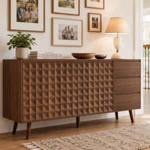 May include: A dark wood sideboard featuring a textured geometric pattern on the cabinet doors and three stacked drawers on the right side. The piece is supported by four tapered legs and has a flat top surface for storage and display purposes.