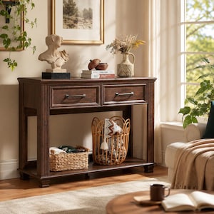May include: A dark brown wooden console table featuring two drawers with horizontal metal pulls. The table has a lower shelf holding a rectangular woven basket and a tall, round, open-weave basket containing a patterned textile.