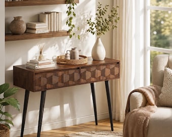 Mid Century Geometric Wood Console Table Two Drawers – Rustic Modern Entryway Accent Sofa Storage