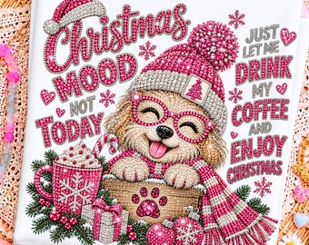 Cachorro de Natal PNG, Cachorro com Strass Rosa, Mãe de Cachorro e Café PNG, Design de Sublimação para as Festas, Camiseta de Natal Brilhante, Download Digital