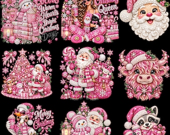 Pacote PNG de Natal Rosa, Sublimação de Natal Coquette, Clipart de Natal com Papai Noel e Boneco de Neve com Strass, Download Digital de Natal Feminino