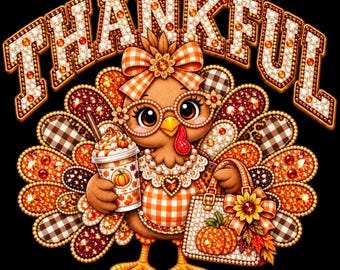Pavo agradecido PNG, diseño de camiseta de otoño de Acción de Gracias, calabaza especiada PNG, lindo pavo de otoño por sublimación, descarga digital de pavo con diamantes de imitación
