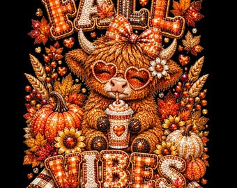 Vaca de las Tierras Altas de otoño PNG, Vaca con ambiente otoñal PNG, Vaca con especias de calabaza, Sublimación de lazo a cuadros de otoño, Lindo diseño de camiseta de Acción de Gracias