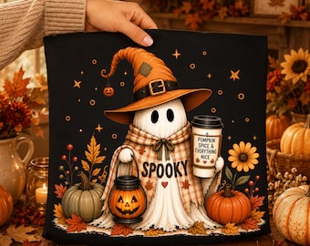 Café fantasma PNG, diseño de camiseta de temporada espeluznante, sublimación de calabaza fantasma de Halloween, imágenes prediseñadas de fantasma para gorro de otoño, Halloween PNG