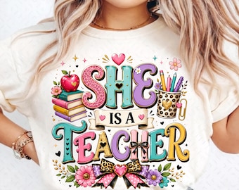 PNG de profesora, Ella es profesora, Sublimación de regreso a clases, Diseño de camiseta para profesora, PNG de regalo lindo para profesora, Descarga instantánea
